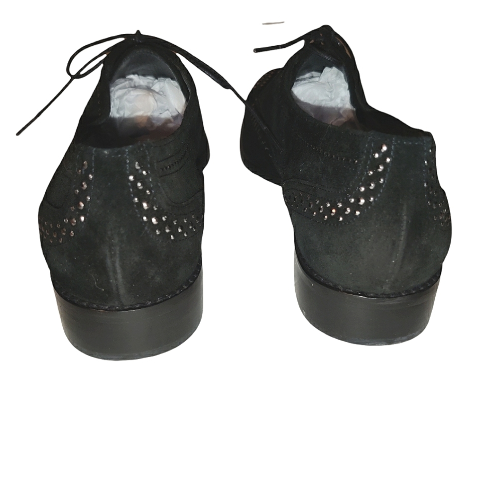 Stuart Weitzman Leather Suede Lace Up Studded Heeled Oxford Loafers - Picture 12 of 16